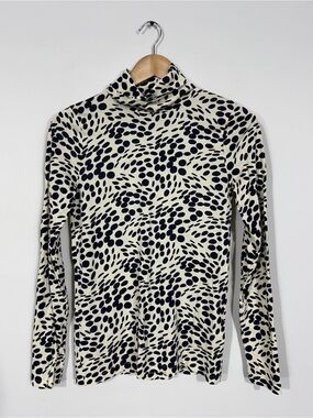 WSH54 {J. Crew} "Tissue Tee Turtleneck" Ivory Navy Blue Spotted Long Sleeves Top